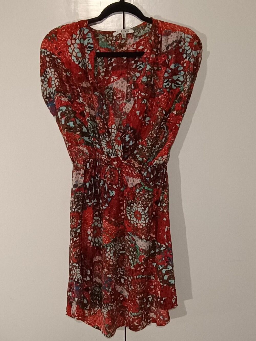 CAbi Medium Abstract Floral Print Faux Wrap Dress Red Blue Rayon Boho Fit & Flar - Picture 2 of 7